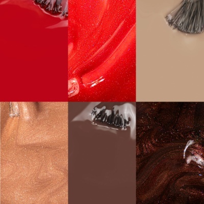 Seis amostras de esmaltes de unhas em diversas cores e texturas.