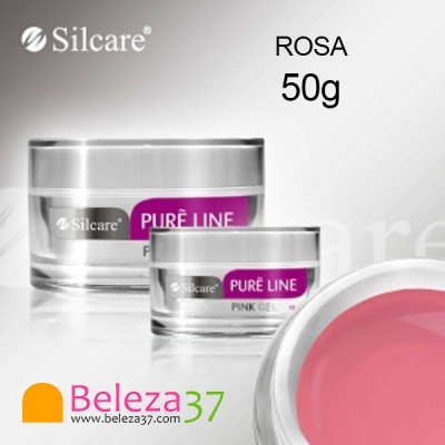 Dois frascos de gel Rosa Silcare PURÉ LINE de 50g em fundo cinza com logotipo Beleza37.