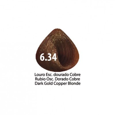 Amostra de cor de cabelo castanho dourado escuro com tonalidade cobre 6.34
