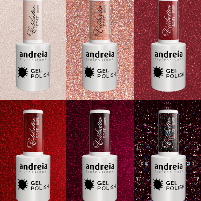 Six Andreia Professional gel polish bottles with glittery caps labeled Celebration EDIT LIMITED EDITION CE1 to CE6 on glitter backgrounds