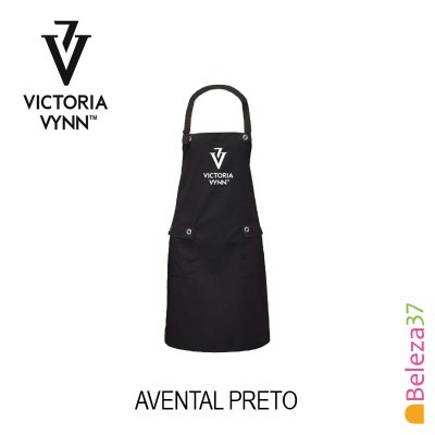 Avental preto Victoria Vynn com logotipo branco e alça ajustável