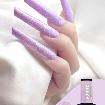 Unhas compridas com verniz gel lilás com glitter e frasco de verniz Purple Professional P2330 Good Fortune