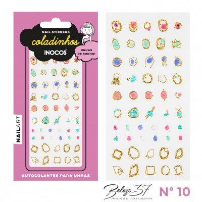 Pacote de autocolantes para unhas com desenhos de joias coloridas em dourado, azul e rosa.