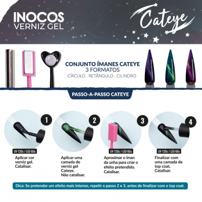 Anúncio do verniz gel Inocos Cateye com ímanes em 3 formatos e instruções passo a passo.