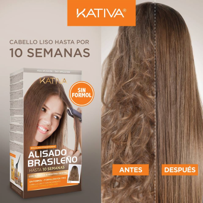 Embalagem do produto Kativa Alisado Brasileño com comparação de cabelo antes e depois do uso