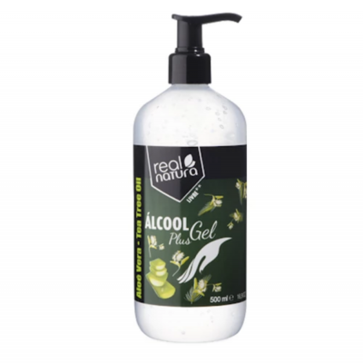 Frasco de álcool gel Real Natura com tampa preta e rótulo verde.