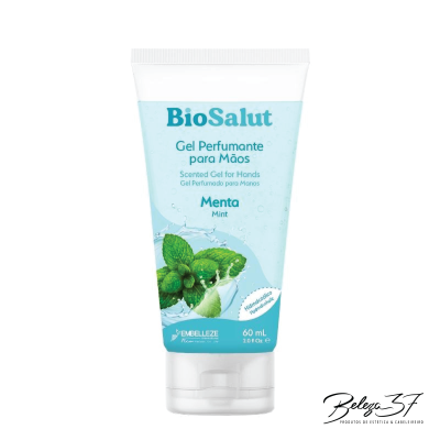 Gel perfumante para mãos BioSalut em tubo plástico com rótulo azul e verde de menta