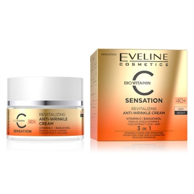 Creme anti-rugas Eveline Cosmetics Bio Vitamin Sensation 40+ com embalagem branca e dourada