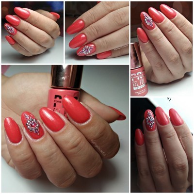 Unhas pintadas com verniz gel coral e decoração brilhante em várias fotos