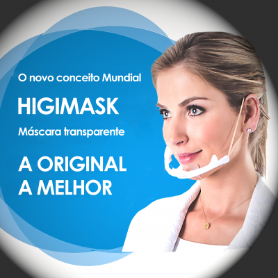 Mulher de cabelos loiros com máscara transparente e texto promocional da máscara