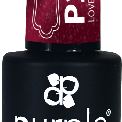 Frasco preto de verniz em gel com rótulo bordô e texto branco