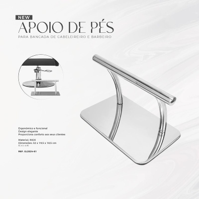 Apoio de pés metálico prateado com design curvo para cabeleireiro e barbeiro