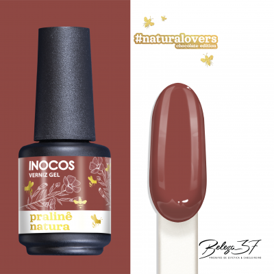 Frasco de verniz gel castanho e amostra da cor com texto e logotipos