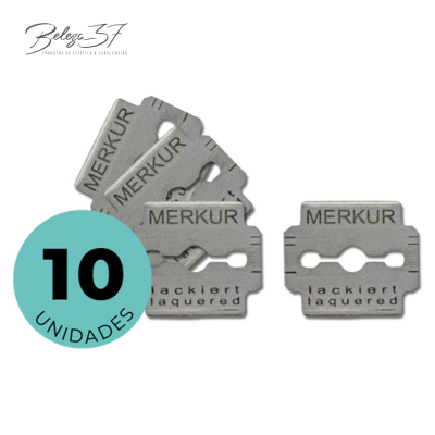 Dez lâminas de barbear Merkur em fundo branco com círculo azul e logótipo Belez 37