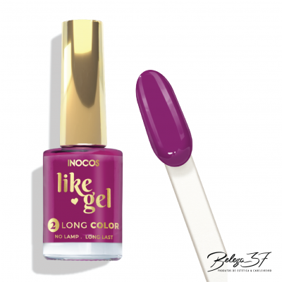 Frasco de verniz de unhas roxo com amostra da cor ao lado