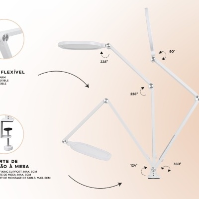 Luminária de braço flexível branca com suporte de fixação de mesa e ângulos de articulação destacados