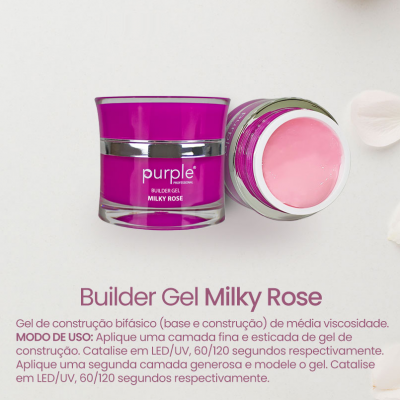 Gel construção bifásico Purple Builder Gel Milky Rose em embalagem translúcida rosa com tampa prateada, creme cor-de-rosa e texto modo de uso em fundo branco.
