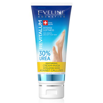 Tubo azul e branco de creme para pés Eveline Cosmetics com texto sobre 30% Urea e hidratação