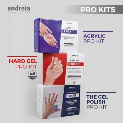 Três caixas de kits para unhas andreia professional com cores roxa, vermelha e azul e imagens de mãos nas embalagens.