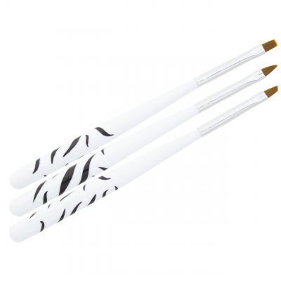 Três pincéis com cabo branco e riscas pretas, cerdas sintéticas marrons