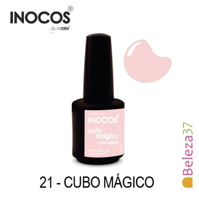 Frasco de verniz gel INOCOS Cubo Mágico cor rosa salmão com tampa preta e padrão de cor