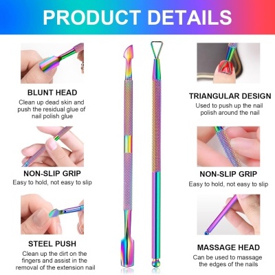 Duas ferramentas metálicas coloridas para manicure com diferentes pontas e texturas antiderrapantes