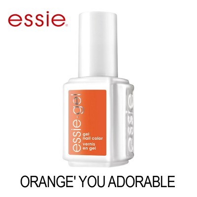 Frasco branco de verniz de unhas em gel essie com rótulo laranja e texto ORANGE' YOU ADORABLE