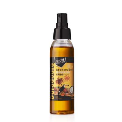Frasco de spray bronzeador Real Natura com rótulo amarelo e preto