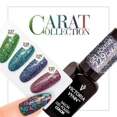 Vernizes Victoria Vynn Carat Collection com amostras de cores glitter e frasco de Gel Polish.