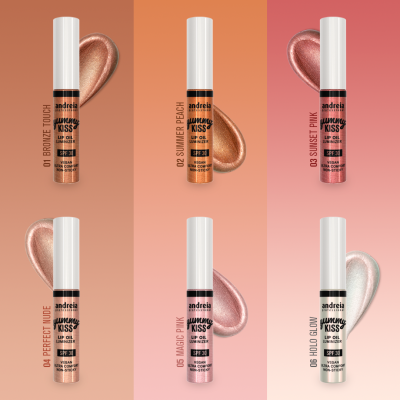 Seis batons líquidos metálicos Andreia Loving Kiss em diferentes cores sobre fundo rosa degradê.