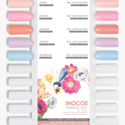 Conjunto de vernizes gel Inocos com amostras de cores e folheto explicativo