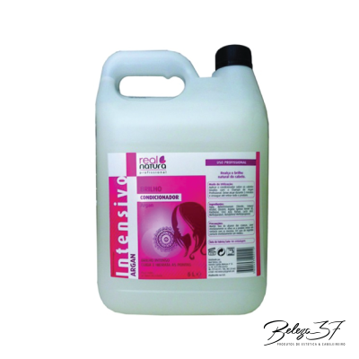 Galão branco 5L com condicionador Real Natura Intensivo Argan e rótulo rosa