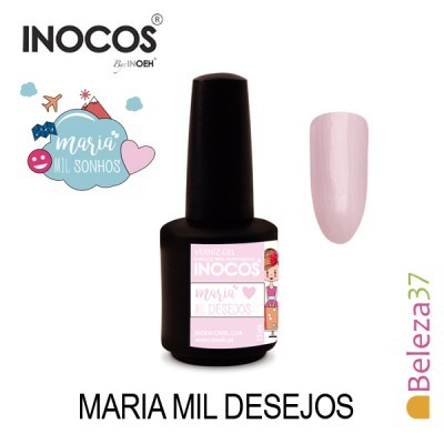 Frasco de verniz gel Inocos Maria Mil Desejos e unha pintada rosa