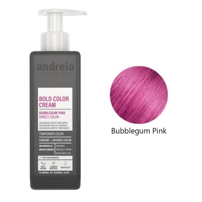 Frasco de creme para coloração de cabelo Bubblegum Pink da Andreia Professional com amostra de cor rosa