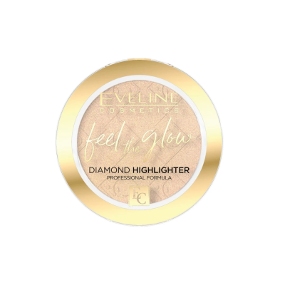 Iluminador compacto dourado Eveline Cosmetics com texto 'feel the glow DIAMOND HIGHLIGHTER PROFESSIONAL FORMULA'