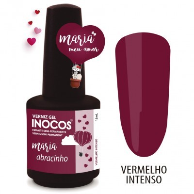 Frasco de verniz gel vermelho intenso Inocos com design de corações e balão