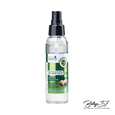 Frasco de óleo capilar real natura com tampa preta e rótulo verde