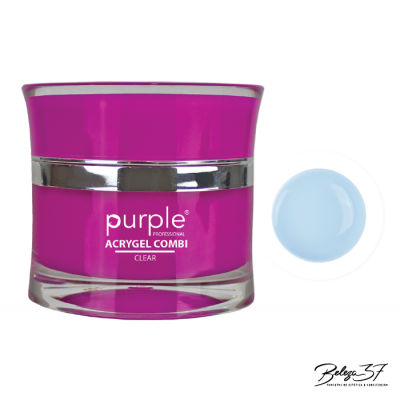 Pote roxo transparente com tampa rosa de produto para unhas e amostra azul claro ao lado