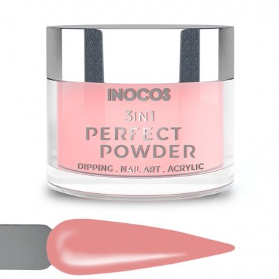 Frasco de pó acrílico rosa claro da INOCOS 3IN1 PERFECT POWDER com amostra de cor rosa plástico.