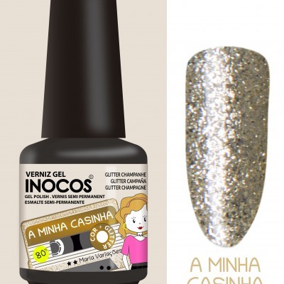 Frasco de verniz gel Inocos glitter champanhe com amostra de cor glitter prateado