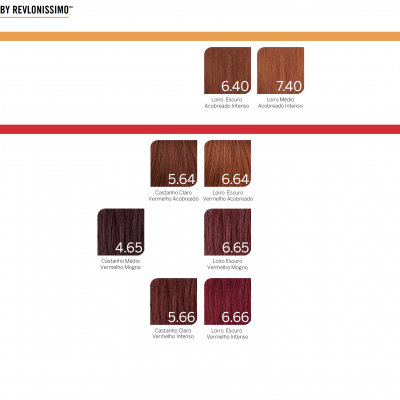 Tabela de cores de tinturas capilares REVLONISSIMO com amostras e códigos em tons cobre e vermelho