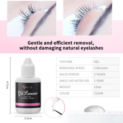 Frasco de Gel Remover para pestanas naturais com descrição detalhada e imagens de aplicação