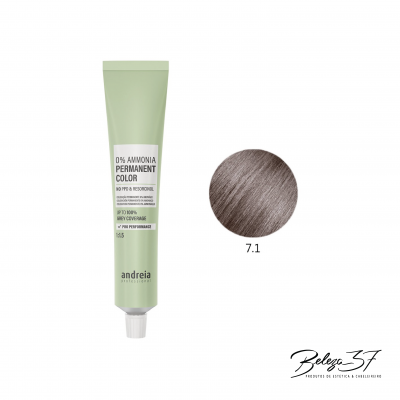 Tubo de tinta de cabelo Andreia verde com amostra da cor 7.1 castanho acinzentado