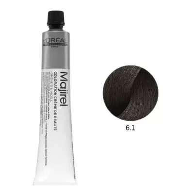 Tubo de tinta de cabelo prateado L'Oréal Majirel com amostra de cor castanho 6.1