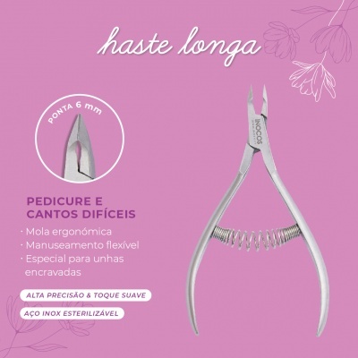 Ferramenta de pedicure em aço inox com mola e ponta fina sobre fundo rosa com texto