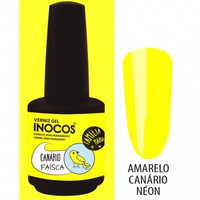 Frasco de verniz gel amarelo canário néon Inocos com rótulo e desenho de pássaro