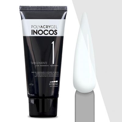 Tubo de gel construtor para unhas INOCOS e amostra de gel transparente