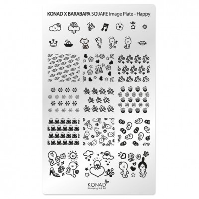 Placa metalizada com desenhos de estampagem para unhas em padrões diversos e texto KONAD X BARABAPA Square Image Plate - Happy
