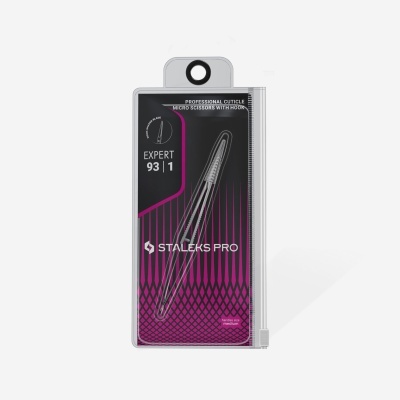 Tesoura profissional para cutículas com gancho em embalagem preta e rosa