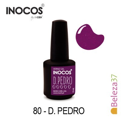 Frasco de verniz gel Inocos roxo D. Pedro com amostra da cor